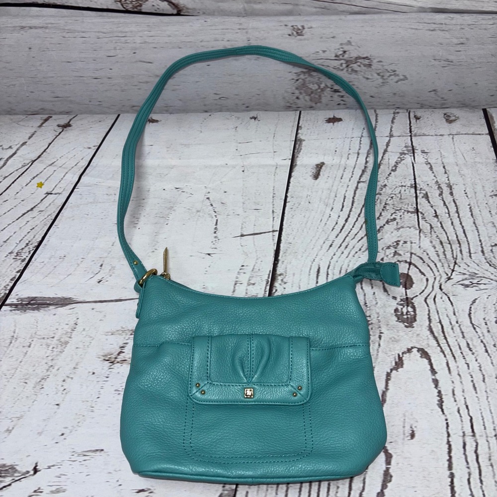 Stone Mountain Teal Pebble Leather Crossbody Bag Gold Hardware Purse